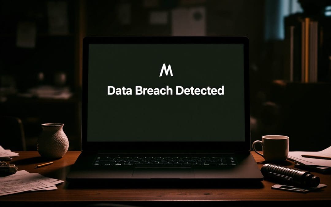 Laptop screen displaying “Data Breach Detected” in a dimly lit office, representing the Ashley Madison breach and cybersecurity lessons for businesses.
