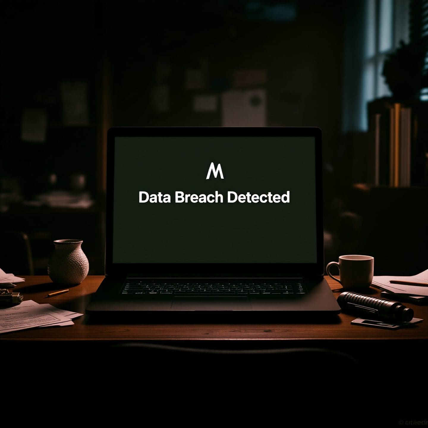 Laptop screen displaying “Data Breach Detected” in a dimly lit office, representing the Ashley Madison breach and cybersecurity lessons for businesses.