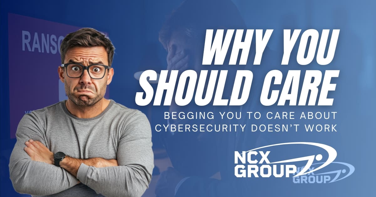 Person discussing why care about cybersecurity with NCX Group branding