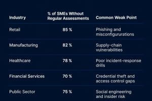 Industry % of SMEs Without Regular Assessments Common Weak Point - (Sources: Cisco 2024, WEF 2024, Verizon DBIR 2024)